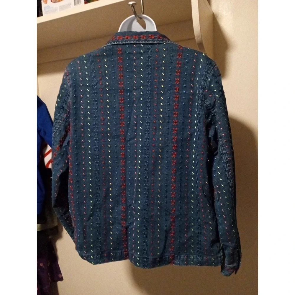 Graff By Um Denim Blue Jean Jacket Embroidered Colorful Button Up Women's Size S